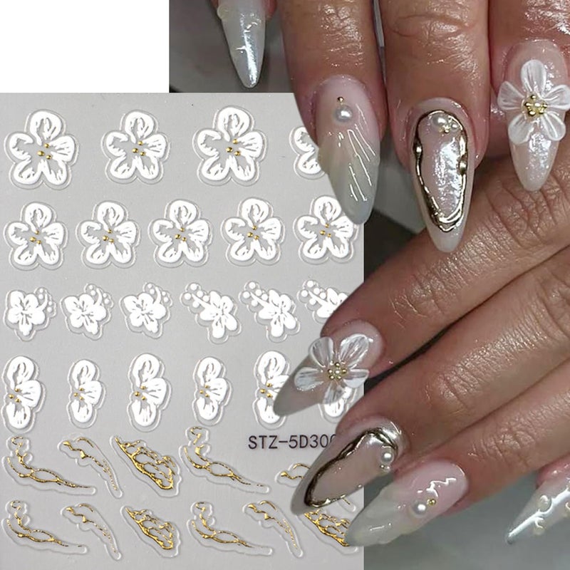 BSBTBZ Flowers Nail Stickers, 5D Embossed Pink Small Flower Nail Decals, Spring Relief Lily Nail Art, 3D Acrylic Flowers Embossed Sliders Gold Star Cherry Blossom Manicure Decor for DIY Nail Art Decorations - Image 3